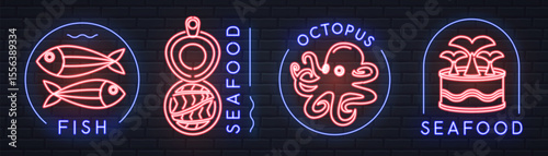 Set of neon seafood signs, logos, labels or emblems  with fish, canned red fish and octopus. Vector illustration