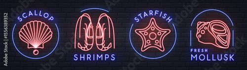 Set of neon seafood signs, logos, labels or emblems  with scallop, shrimps, starfish and mollusks. Vector illustration
