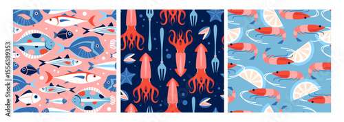 Set of flat seafood seamless patterns with fish, oysters, mussels, shrimps, squid, and lemon. Seafood background. Vector illustration.