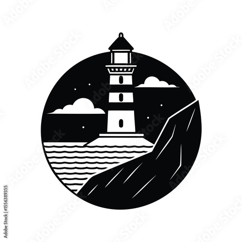 Black and white illustration of a lighthouse standing on a rocky coast