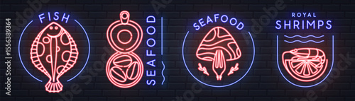 Set of neon seafood signs, logos, labels or emblems with flatfish, red fish, shrimp and canned mussels. Vector illustration
