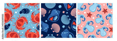 Set of flat seafood seamless patterns with shells, oysters, mussels, mollusks, crab, octopus and scallops. Seafood background. Vector illustration.