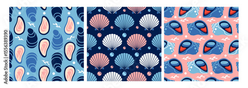 Set of flat seafood seamless patterns with shells, oysters, mussels, mollusks and scallops. Seafood background. Vector illustration.