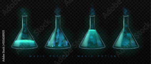 Set of mystery magic laboratory flasks or chemistry measuring glass tubes  with blue potion and smoke isolated on black background. Vector illustration