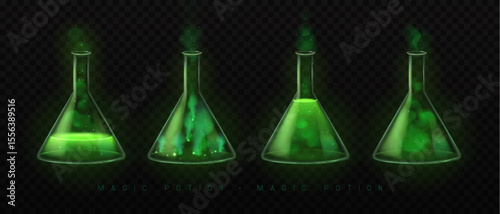 Set of mystery magic laboratory flasks or chemistry measuring glass tubes  with green potion and smoke isolated on black background. Vector illustration