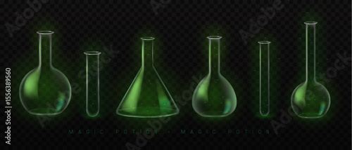 Set of mystery magic empty laboratory flasks or chemistry measuring glass tubes  isolated on black background. Vector illustration