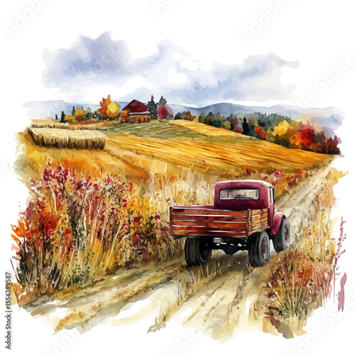 Autumn Hayride Through Fields, watercolor clipart vector, isolated on a white background.
