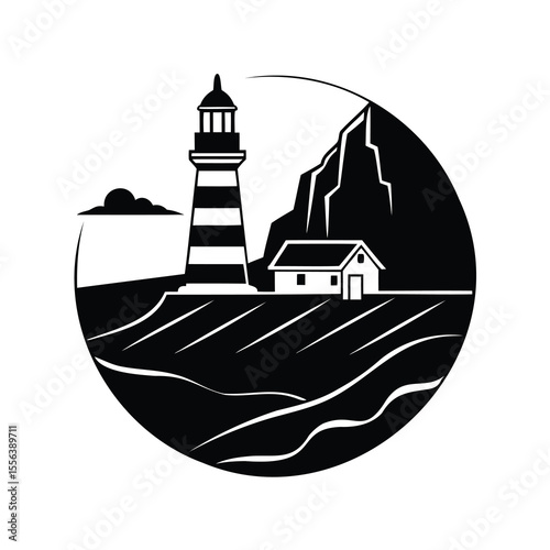 Monochrome Lighthouse on Coastal Cliffside with Building and Cloud Illustration