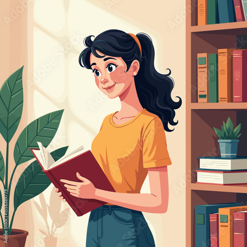 Young woman reading book and smiling in cozy library setting - Concept of learning  