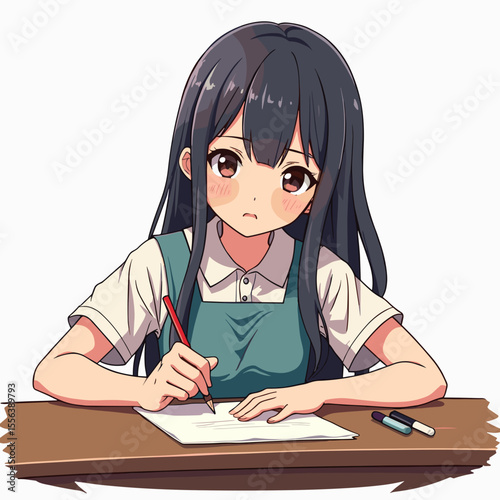 Young girl studying and writing notes at a desk in classroom setting  