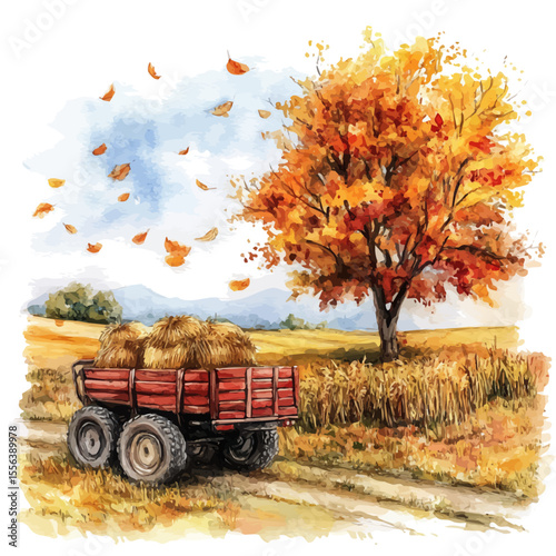 Autumn Hayride Through Fields, watercolor clipart vector, isolated on a white background.
