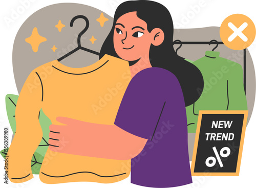 Woman shopping fashion clothes trend sale discount style apparel garment retail hanger wardrobe buying vector art illustration and png 