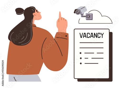 Woman gestures to surveillance camera above a vacancy noticeboard while pondering a decision. Ideal for themes thumbs up job search, security, recruitment, privacy, decision-making, workplace