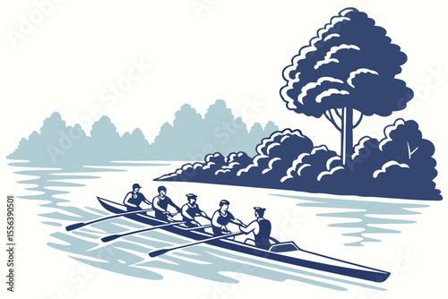Rowing team paddling scull on lake, ideal for teamwork, sports, or motivation-themed promotions.