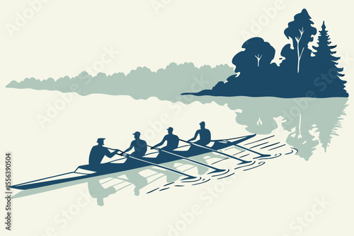 Rowing crew paddling scull on calm lake, ideal for sports, teamwork, or success-themed advertising.
