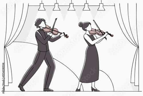 Violinists performing on stage, ideal for music, performance, or cultural event promotions.