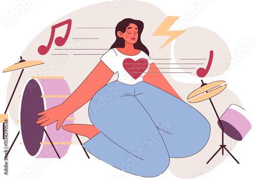 Illustration woman playing drums music musical instrument percussion rhythm beat sound heart shirt vector art illustration and png 