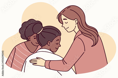 Women hugging during group therapy session, ideal for mental health, support, or personal growth advertising.