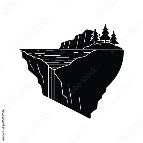 Silhouette of a Cliffside Landscape with Trees and Waterfall, Minimalist Design