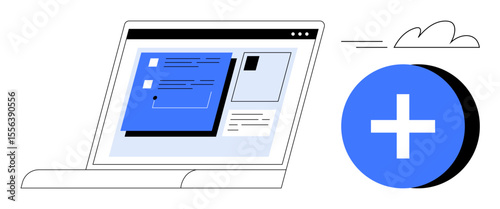 Laptop screen showcasing digital document with text editor interface and cloud synchronization symbol. Ideal for teamwork, productivity, technology, data management, online storage, remote work
