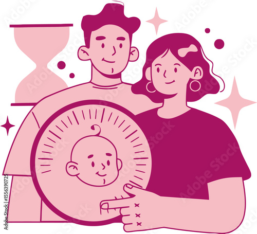 Family planning baby time pregnancy parenting couple expectant parents fertility clock hourglass stars vector art illustration and png 