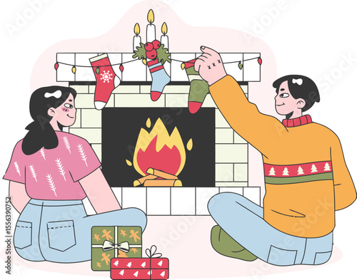 Christmas fireplace stockings couple gifts holiday winter season celebration decoration home family happy vector art illustration and png 