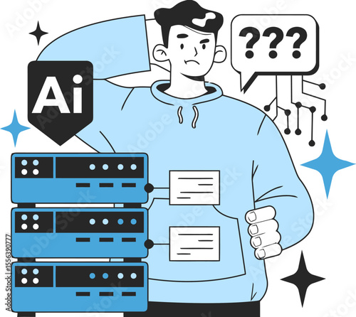 Ai server data cloud computing machine learning artificial intelligence network processing system confusion 100 vector art illustration and png 