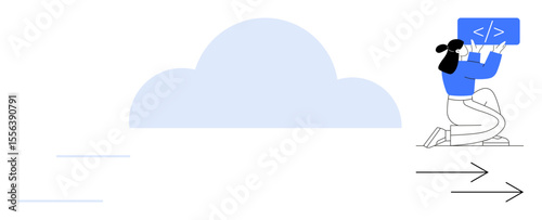 Woman holding a coding screen next to a cloud, symbolizing cloud computing, data transfer, and programming. Ideal for technology, coding, software development, cloud storage, IT solutions teamwork