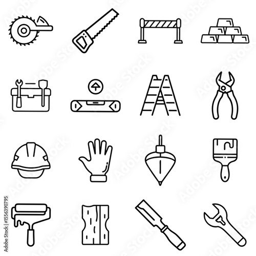 Construction Materials and Tools Outline Line Icon Set 2