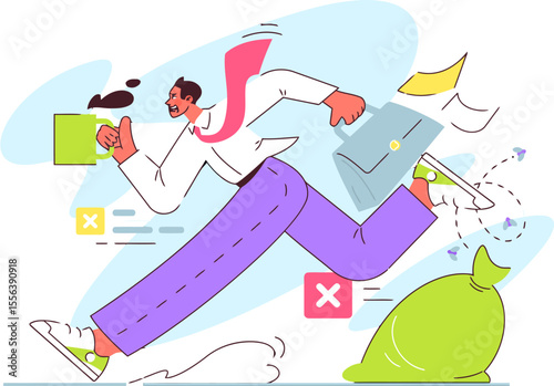 Running businessman deadline stress rush hour work pressure office job late project urgency cartoon vector art vector art illustration and png 
