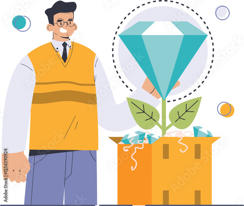 Man diamond investment growth wealth finance success business gem value stock market venture capital treasure vector art illustration and png 