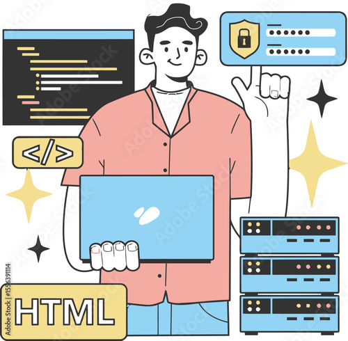 Programming coding developer web html css javascript security server laptop technology design concept vector art illustration and png 