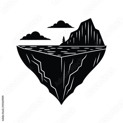 Abstract geometric landscape with water, mountains, clouds, and a single tree