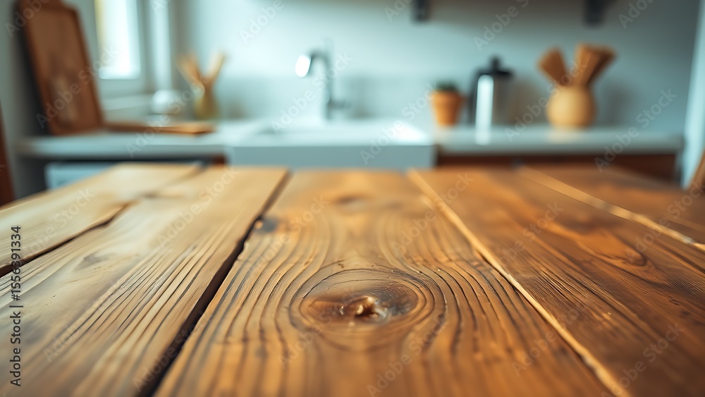 Obraz premium Rustic wooden table with visible grain texture, softly lit by daylight from a nearby window.