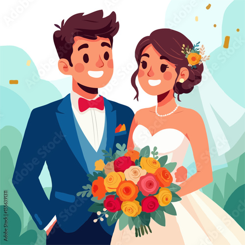 Happy bride and groom embracing with flowers on wedding day
