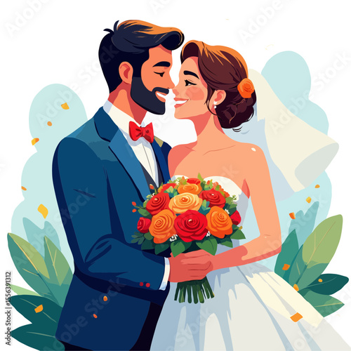 Happy bride and groom embracing with flowers on wedding day
