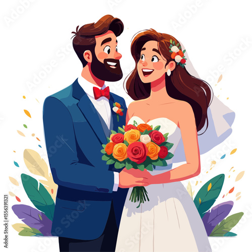 Happy bride and groom embracing with flowers on wedding day