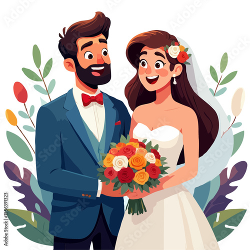 Happy bride and groom embracing with flowers on wedding day