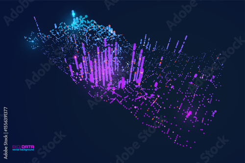 Volumetric data clusters creating organic terrain with floating bar graphs. Perfect for tech conference slides, smart city projects, or NFT data art collections. Cyberpunk aesthetic vector background