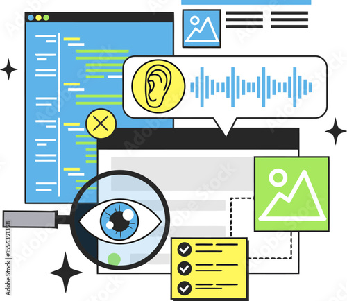 Accessibility audit web design seo optimization hearing vision checklist compliance development testing vector art illustration and png 