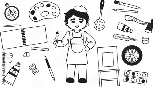 Black and white illustration set for art and hobbies. It features a cheerful young artist character with an apron and beret, surrounded by various art supplies and hobby tools.