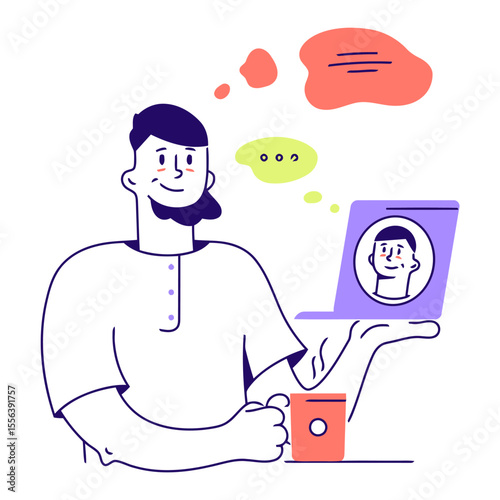 Man laptop thinking communication speech bubble online meeting conference call virtual work remote job 100char vector art illustration and png 
