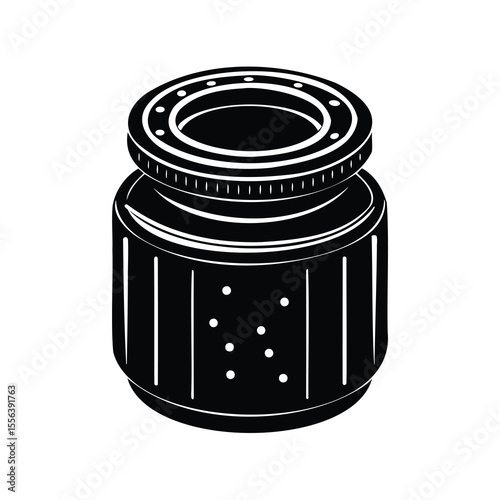 Black and white cylindrical container with upper rim and dotted decorations