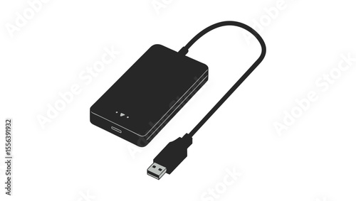 Minimalist Vector Illustration of Black Portable Hard Drive with USB Cable on White Background
