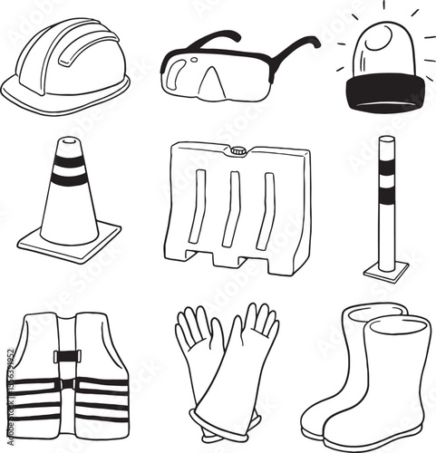 Black and white illustration set of safety equipment and construction signs. Includes a hard hat, goggles, vest, gloves, boots, cones, and barricades, perfect for themes related to construction.