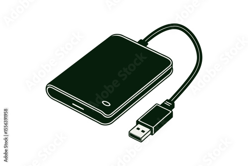 Minimalist Vector of Black External Hard Drive with USB Cable on White Background