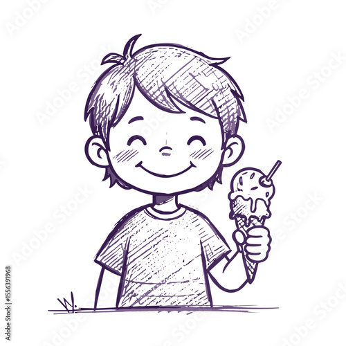 Happy child holding ice cream cone and smiling in sketch style  