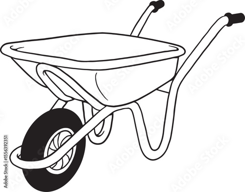 A detailed black and white vector illustration of a wheelbarrow, a common tool for construction and gardening. The line art style is perfect for themes related to yard work, building.