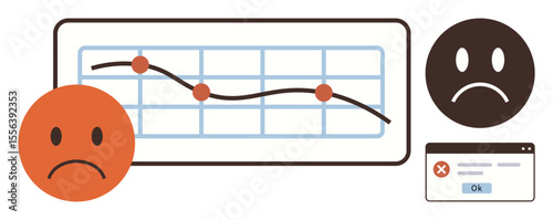 Downward graph with data points, sad face icons, error message dialog box, symbolizing decline, failure, disappointment. Ideal for business losses, setbacks, crisis risk frustration