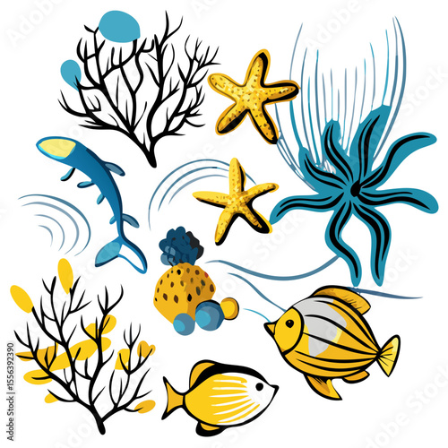Colorful underwater life illustration with fish and coral elements  